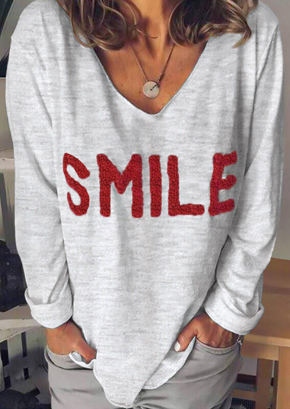 

Smile Long Sleeve V-Neck Blouse - Light Grey, 479711
