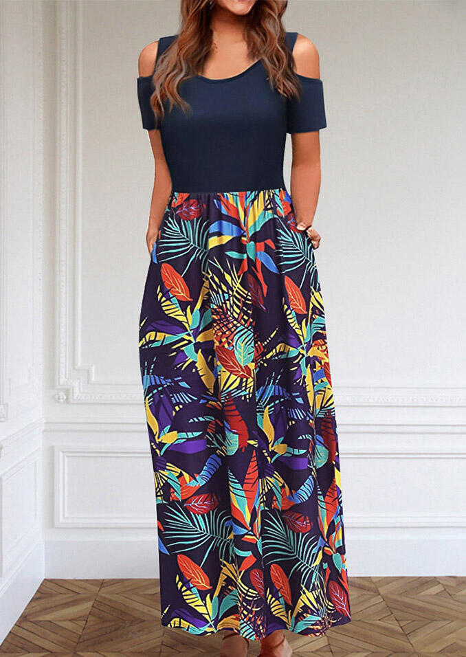 

Leaf Pocket Cold Shoulder Maxi Dress, Multicolor, 479740