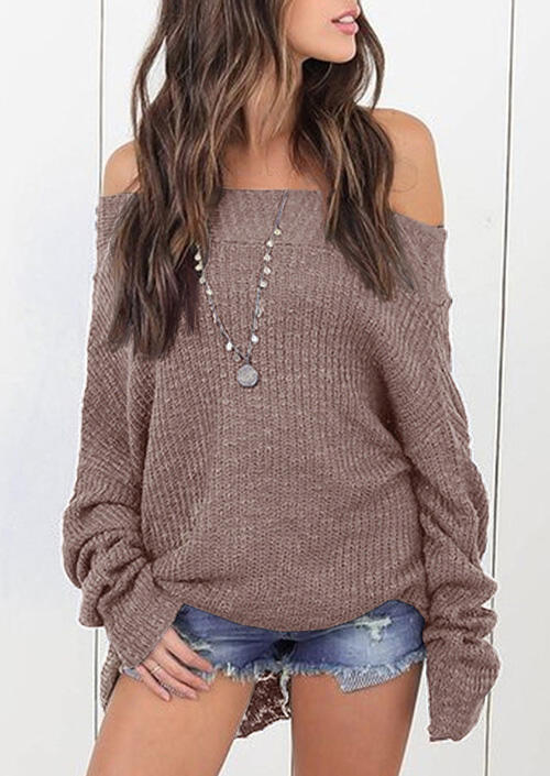 

Knitted Off Shoulder Long Sleeve Sweater - Light Coffee, 479876