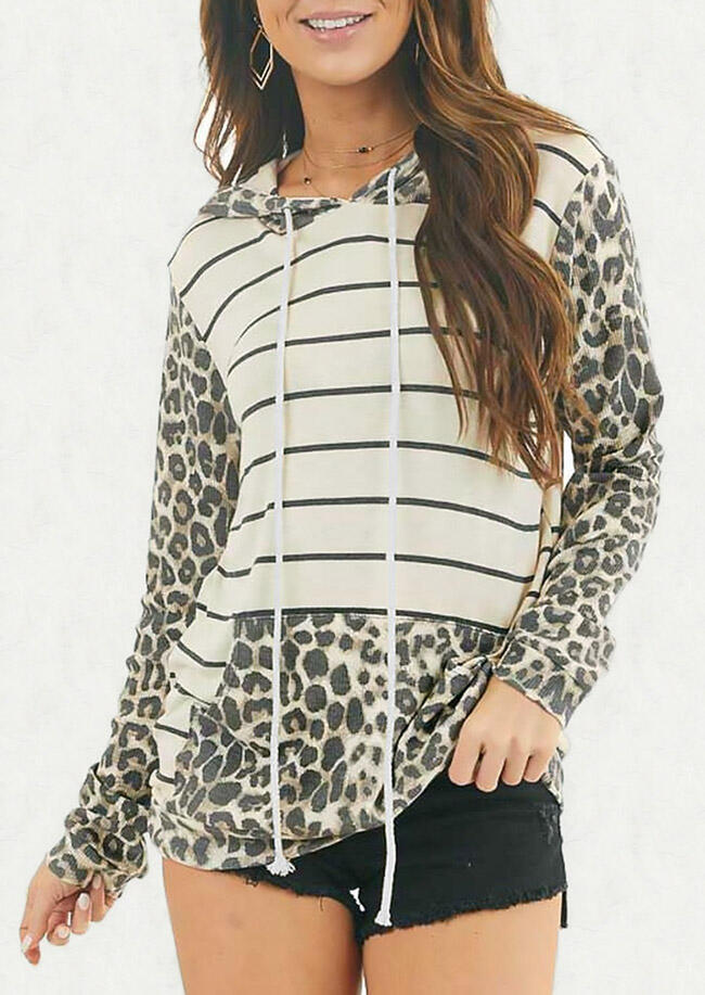 

Leopard Striped Splicing Kangaroo Pocket Drawstring Hoodie, 479927