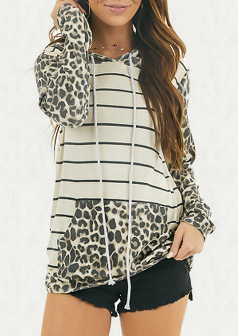 

Hoodies Leopard Striped Splicing Kangaroo Pocket Drawstring Hoodie in Leopard. Size