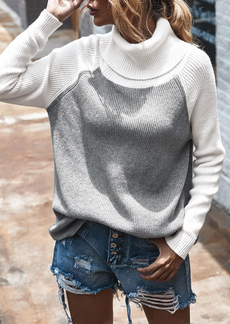 

Color Block Turtleneck Knitted Sweater - Gray, 479980