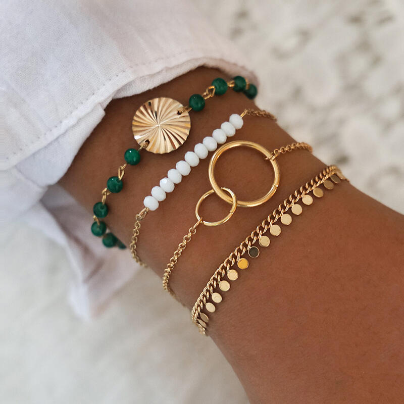 

4Pcs Fashion Beading Disc Tassel Bracelet Set, Gold, 479981