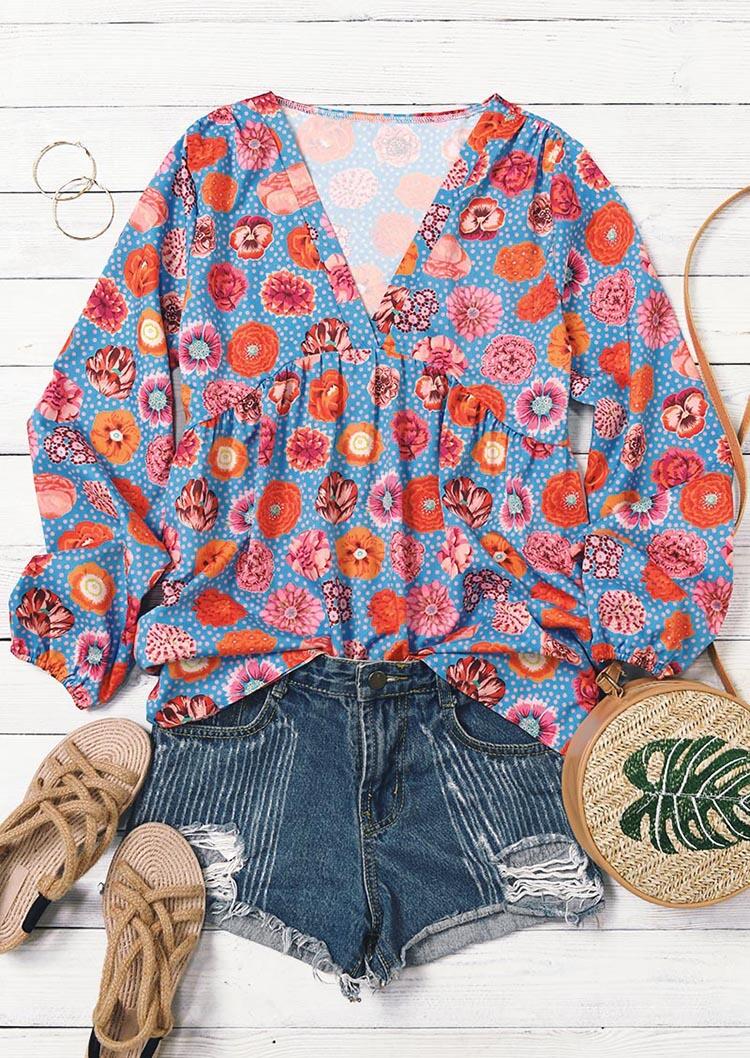 

Blouses Floral Ruffled Long Sleeve Blouse in Multicolor. Size