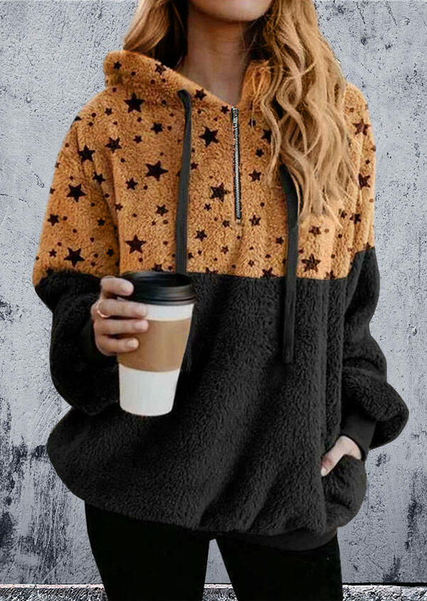 

Hoodies Star Pocket Zipper Drawstring Fleece Hoodie in Black. Size