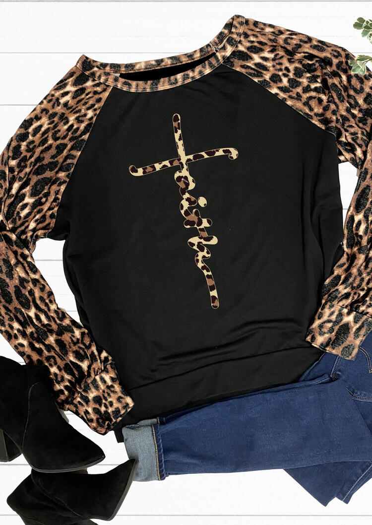 

Faith Cross Leopard Splicing T-Shirt Tee - Black, 479937