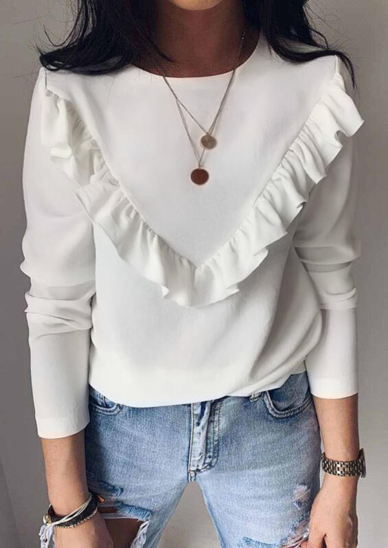 

Ruffled Long Sleeve O-Neck Blouse - White, 479947