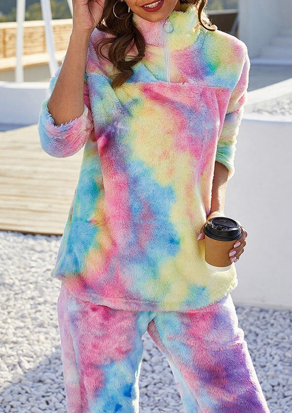 

Two-Piece Sets Tie Dye Zipper Collar Fleece Sweatshirt And Pants Two-Piece Set in Multicolor. Size