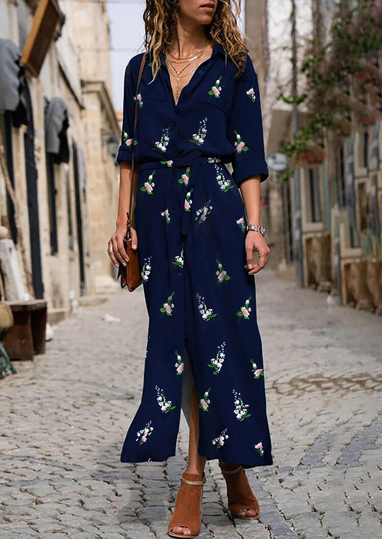 

Floral Button Slit Maxi Dress - Navy Blue, 480027