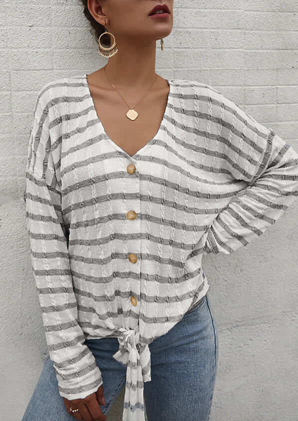 

Striped Button Tie V-Neck Long Sleeve Blouse - Gray, 480035
