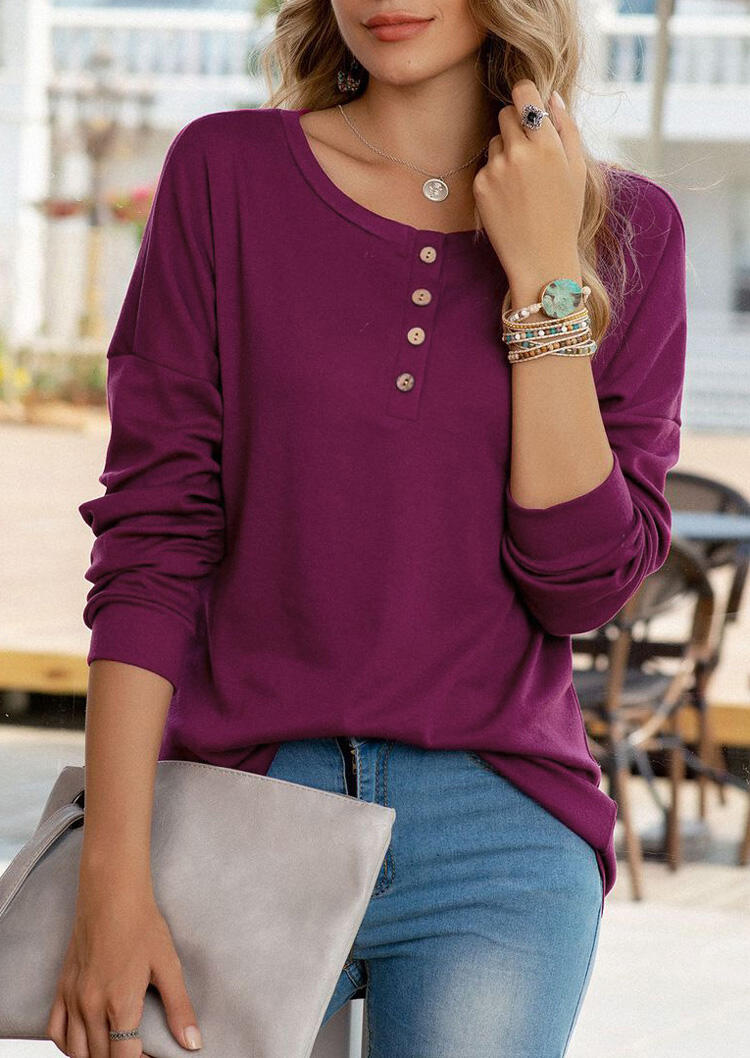 

Button O-Neck Long Sleeve Elegant Blouse - Plum, 480053