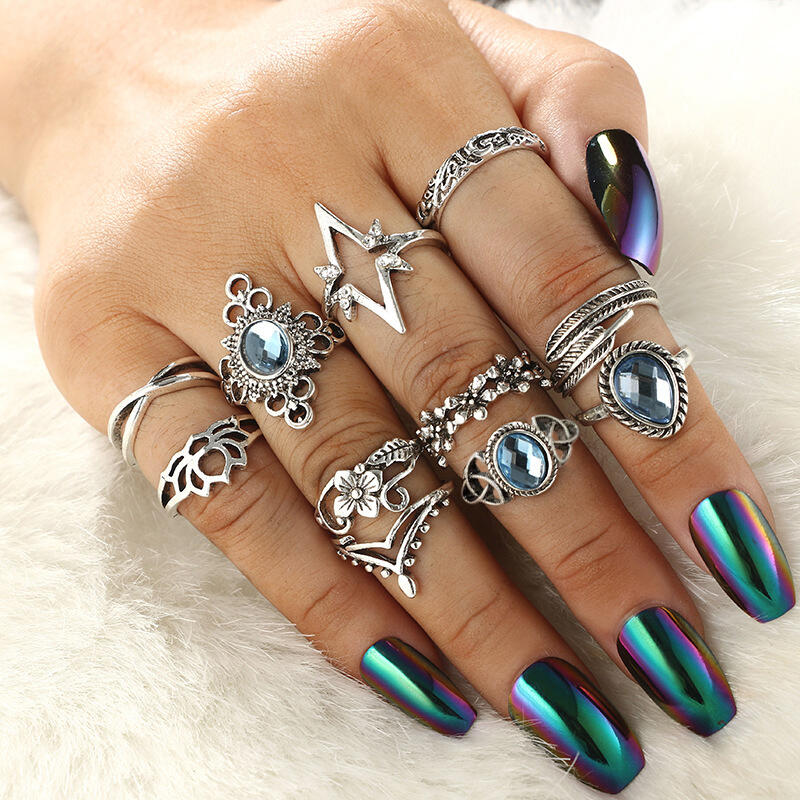

11Pcs Vintage Hollow Out Feather Rhinestone Ring Set, Silver, 480086
