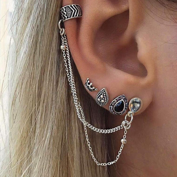 

4Pcs Bohemian Crown Teardrop Chain Clip Studs Earrings Set, Silver, 480099