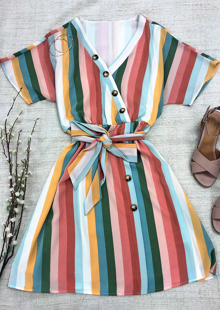 

Mini Dresses Presale - Colorful Striped Button V-Neck Mini Dress in Multicolor. Size: S,M,,XL