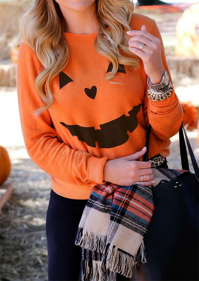 

Sweatshirts Halloween Pumpkin Printed Casual Sweatshirt in Black. Size