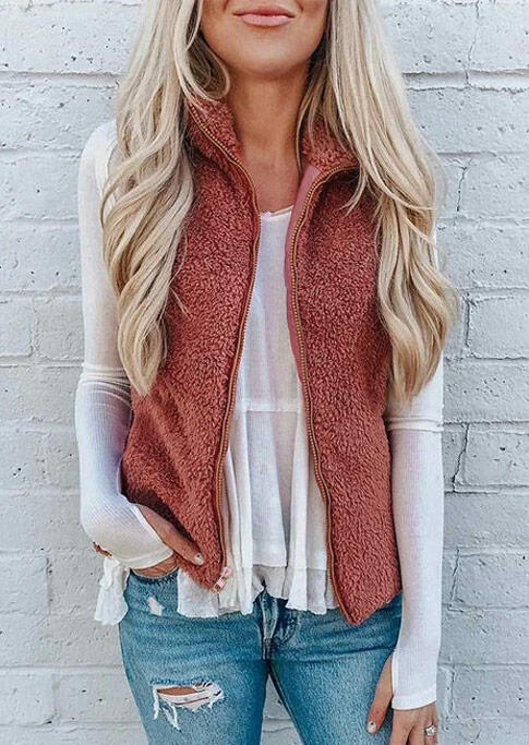 

Warm Faux Fur Zipper Sleeveless Vest Coat - Red, 478949