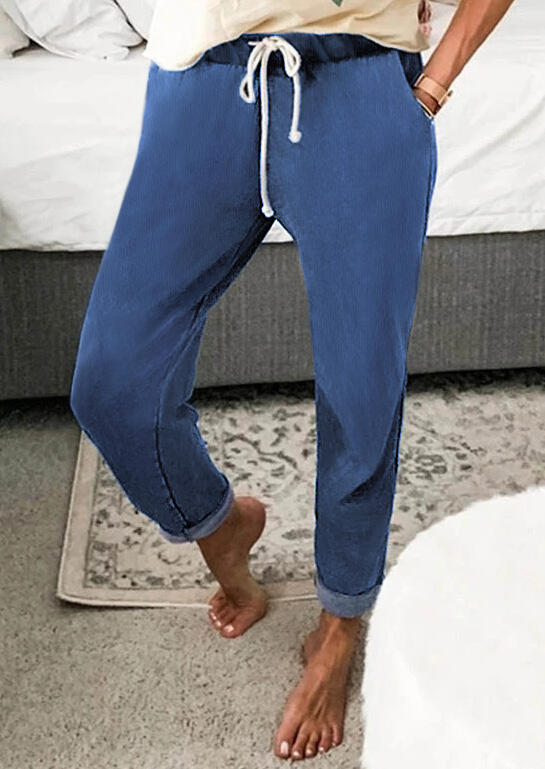 Pants Drawstring Pocket Elastic Waist Jeans in Blue. Size: S,M,L