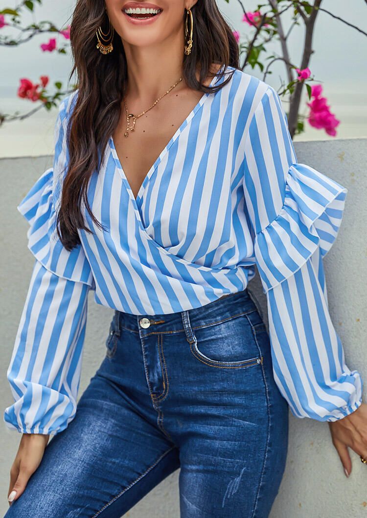 

Striped Ruffled Lantern Sleeve V-Neck Blouse - Blue, 479992