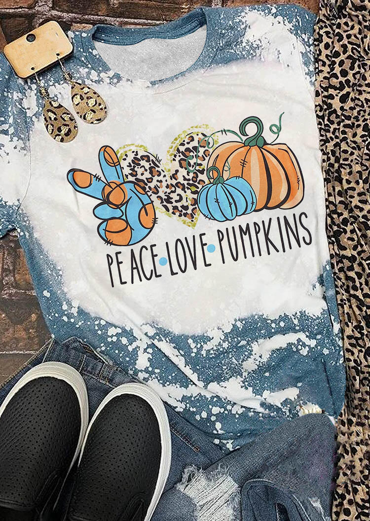 Thanksgiving Leopard Peace Love Pumpkins Bleached T-Shirt Tee - White