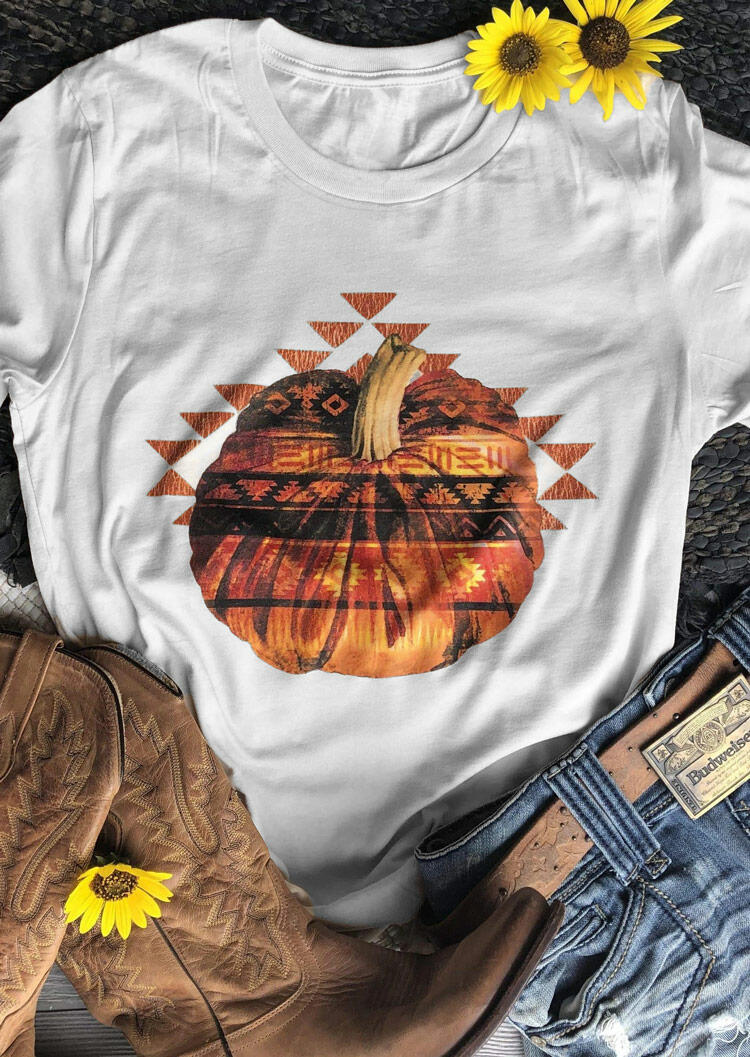 

Halloween Pumpkin Aztec Geometric T-Shirt Tee - White, 480071