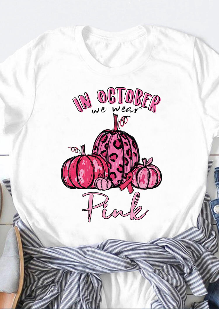 

Leopard Ribbon Pumpkin Breast Cancer Awareness Slogan T-Shirt Tee - White, 480093