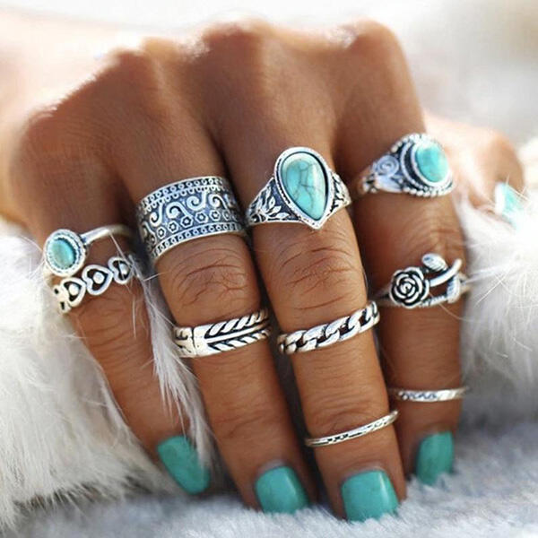 

10Pcs Bohemian Turquoise Rose Ring Set, Silver, 480238