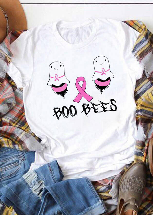 

Halloween Boo Bees Ribbon Breast Cancer Awareness T-Shirt Tee - White, 480239