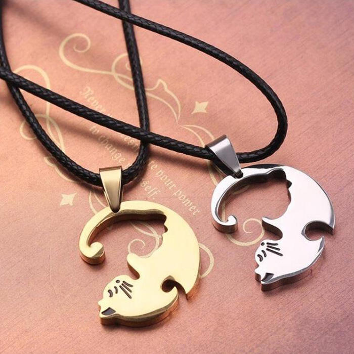 2Pcs Yin Yang Cat Valentine Pendant Necklace, Black;gold, 480307