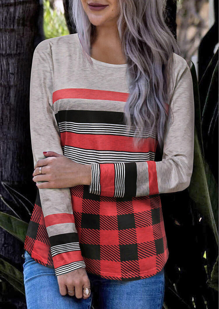 

Buffalo Plaid Striped Splicing Long Sleeve Blouse - Light Grey, 479905