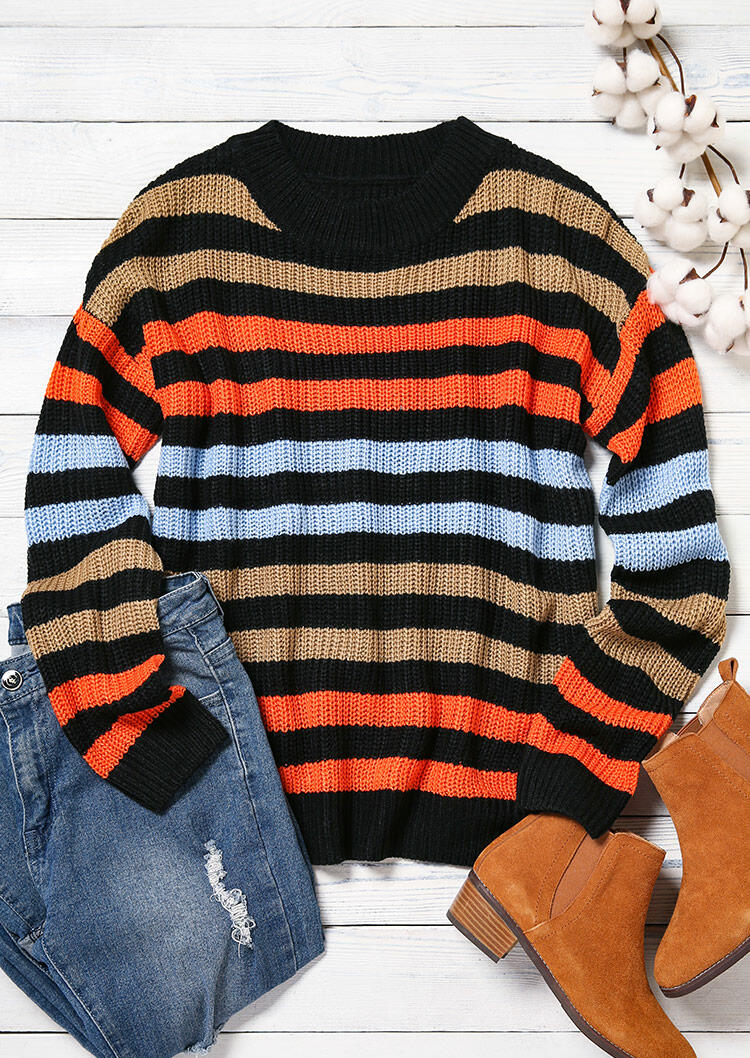 

Sweaters Colorful Striped Splicing Knitted Sweater in Stripe. Size