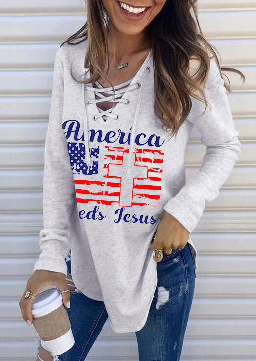 

American Flag Cross Lace Up Letter Sweatshirt - Light Grey, 480143
