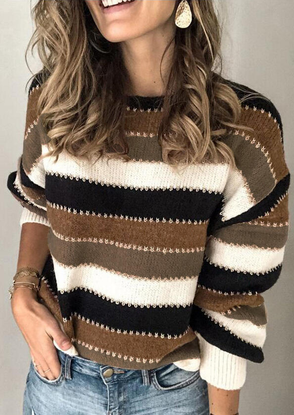 

Striped Color Block Long Sleeve Pullover Sweater, Stripe, 480181