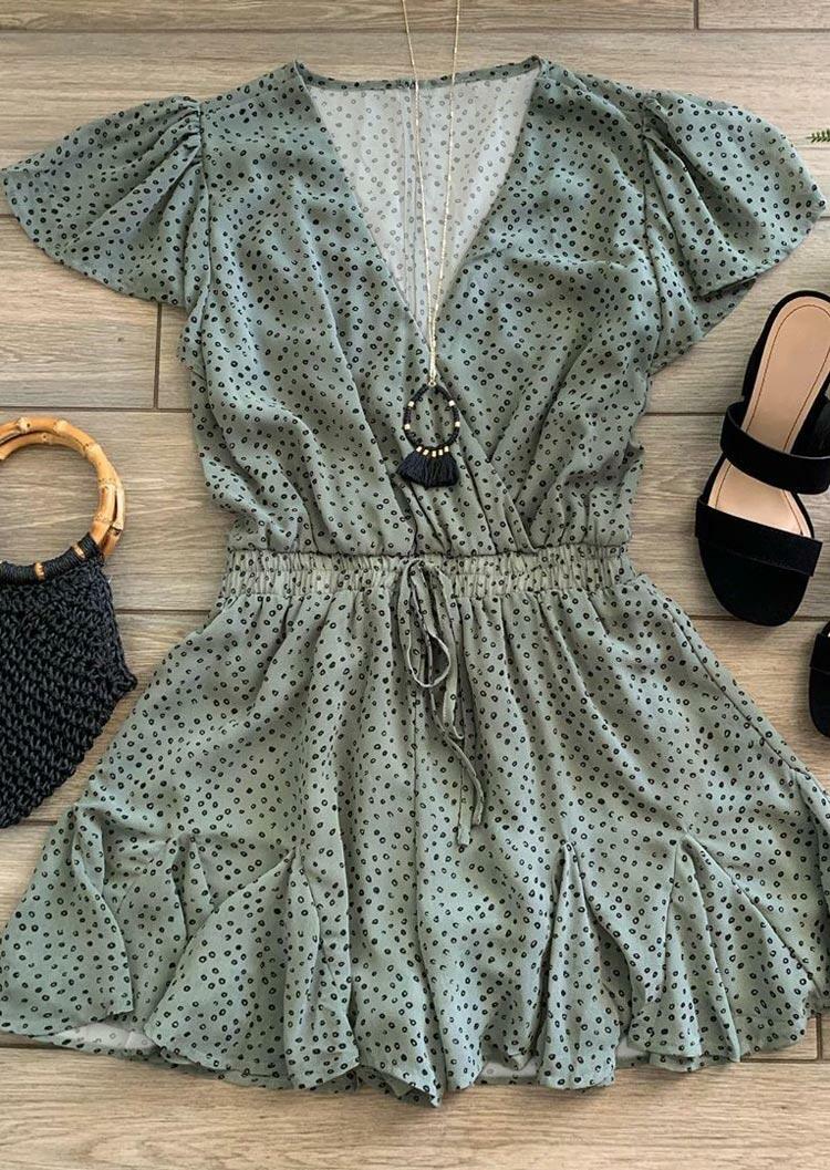 

Presale - Polka Dot Wrap Elastic Waist Band Romper - Light Green, 480333