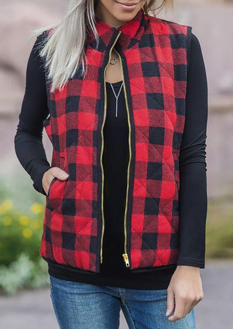 

Red Buffalo Plaid Vest Red Plaid Pocket Sleeveless Vest Coat for Women in Red. Size: ,L,M,S,XL