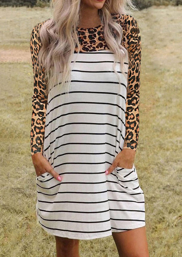 

Striped Leopard Splicing Pocket Mini Dress, Stripe, 479903