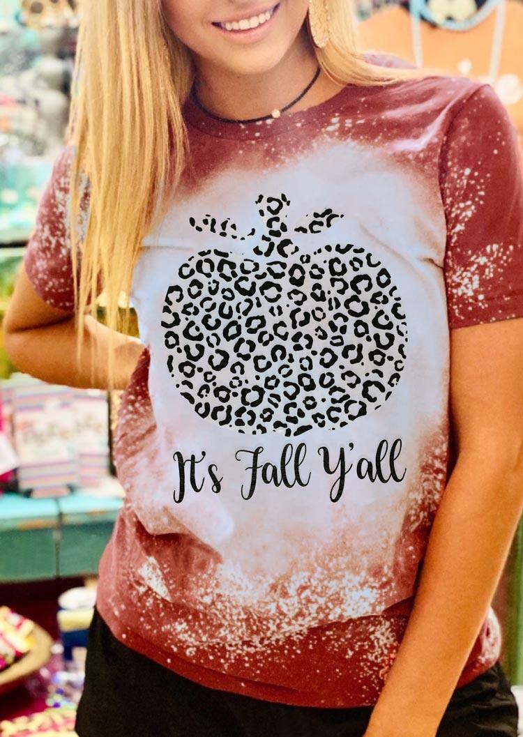 

T-shirts Tees It' Fall Y'all Leopard Pumpkin Bleached T-Shirt Tee in Brick Red. Size: ,L