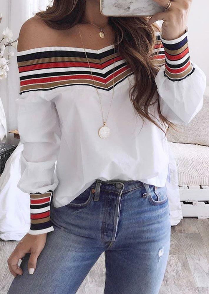 

Blouses Serape Striped Splicing Off Shoulder Blouse in White. Size