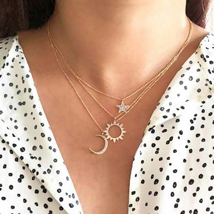 

Necklaces 3Pcs Star Moon Sun Rhinestone Necklace Set in Gold. Size