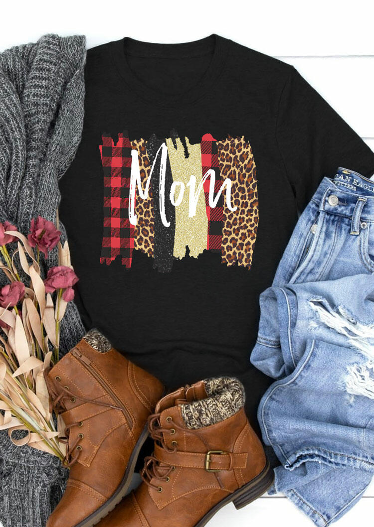 

Leopard Plaid Mom O-Neck T-Shirt Tee - Black, 480260