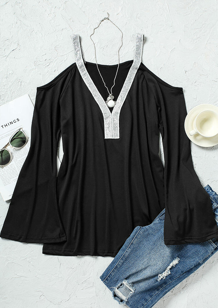 

Blouses Sequined Splicing Cold Shoulder V-Neck Blouse in Black. Size