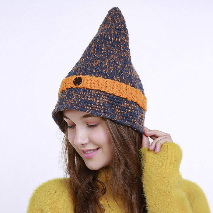 

Hats Halloween Pointed Head Button Witch Knitted Hat in Navy Blue. Size