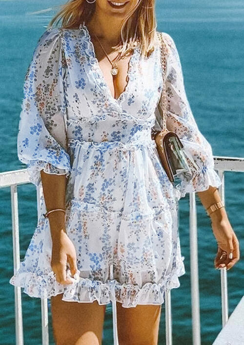 

Floral Ruffled Open Back Zipper Mini Dress - White, 480284