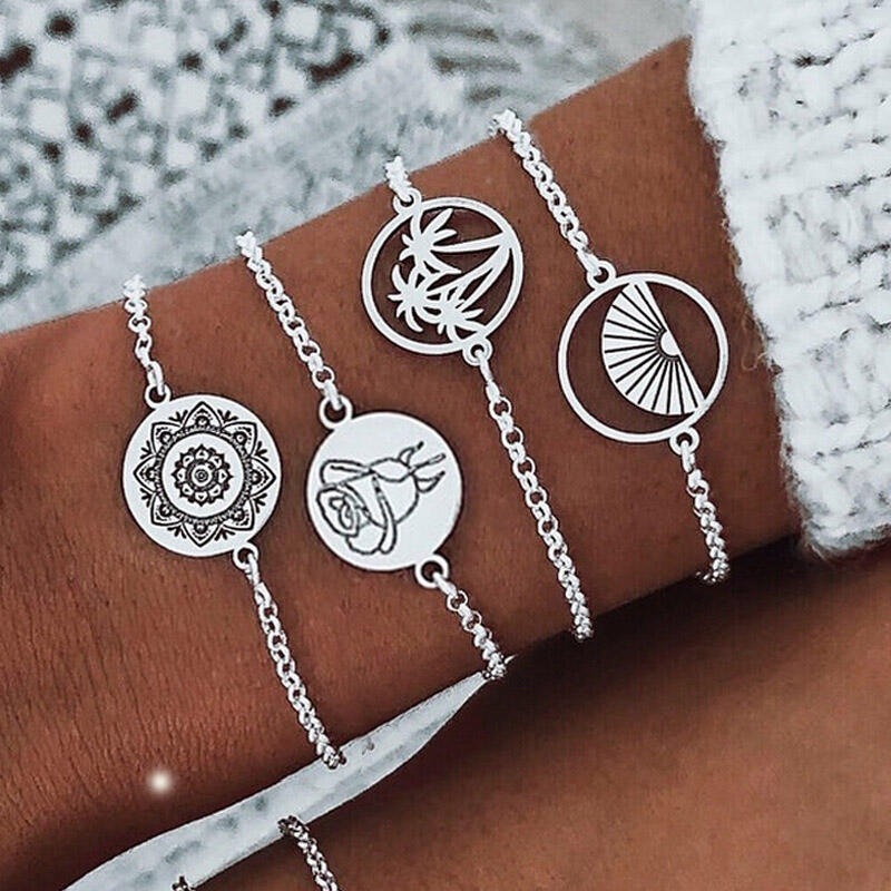 

4Pcs Mandala Hollow Out Round Bracelet Set, Silver, 480311