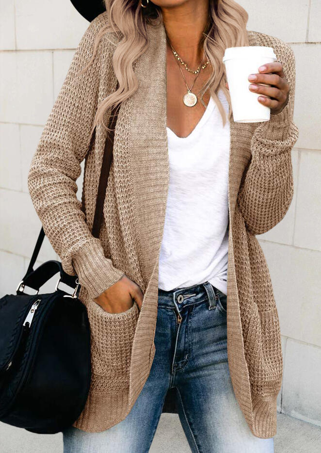 

Pocket Long Sleeve Knitted Sweater Cardigan - Khaki, 480366