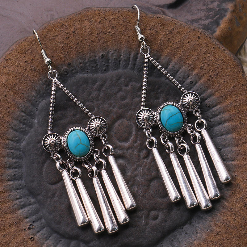 

Bohemian Beading Turquoise Long Pendant Earrings, Silver, 480404