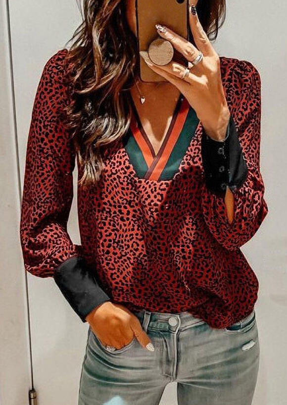 Leopard Splicing Striped V-Neck Blouse - Burgundy