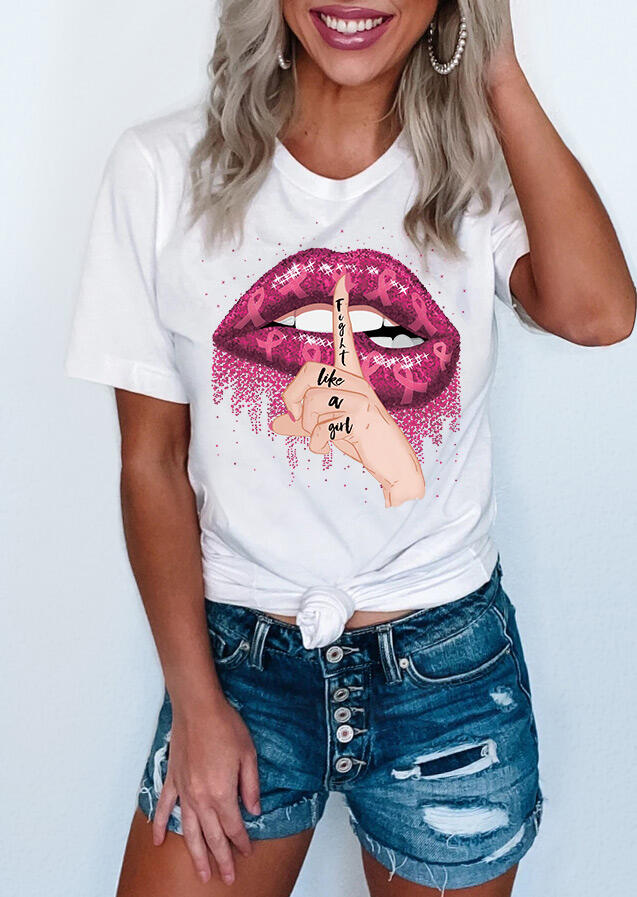 

Tees T-shirts Lips Fight Like A Girl T-Shirt Tee in White. Size
