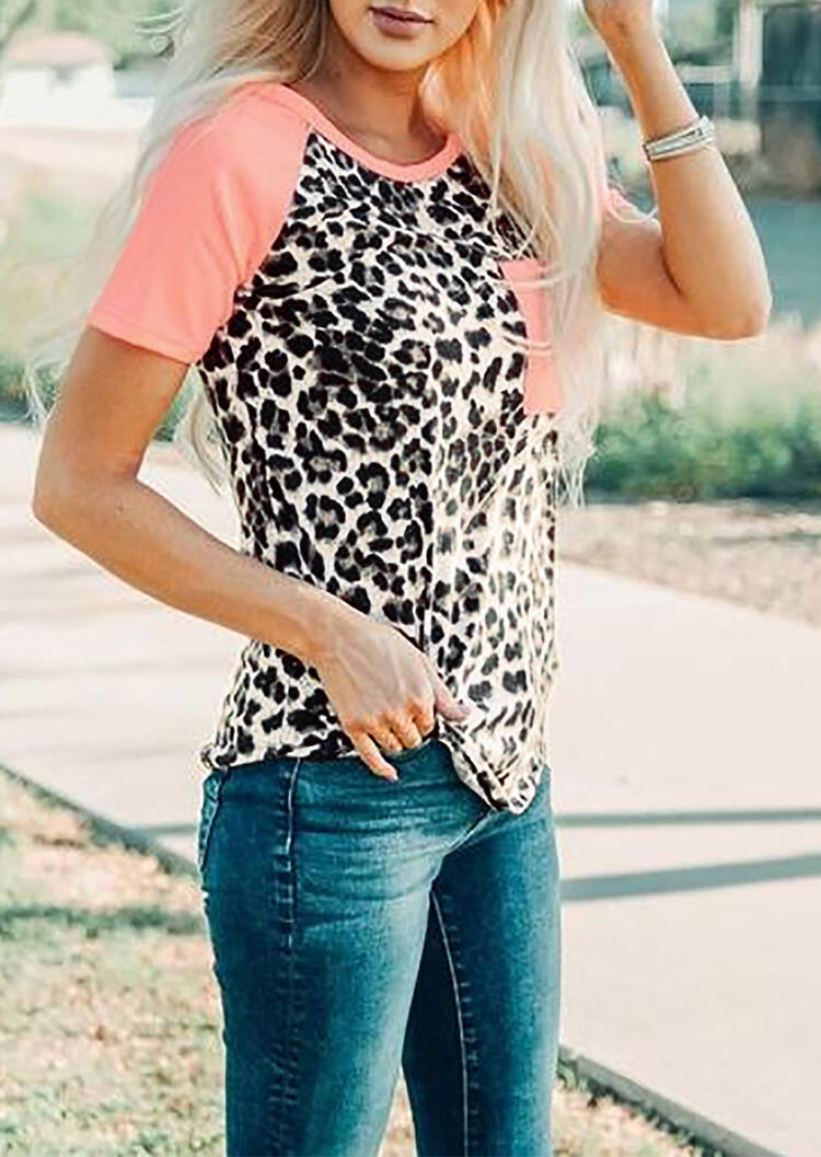 

Leopard Splicing Pocket O-Neck T-Shirt Tee - Pink, 479177