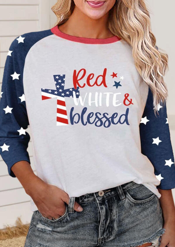 

Blessed Cross American Flag Star Christian T-Shirt Tee - White, 480149
