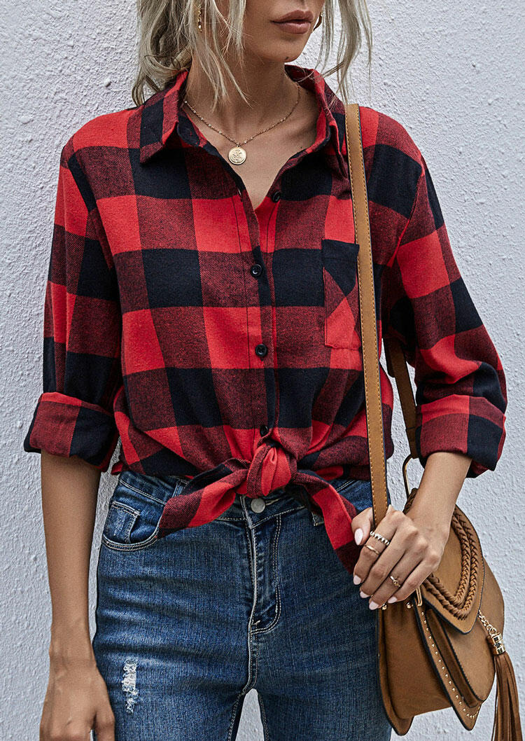 

Plaid Pocket Slit Long Sleeve Shirt - Red, 480168